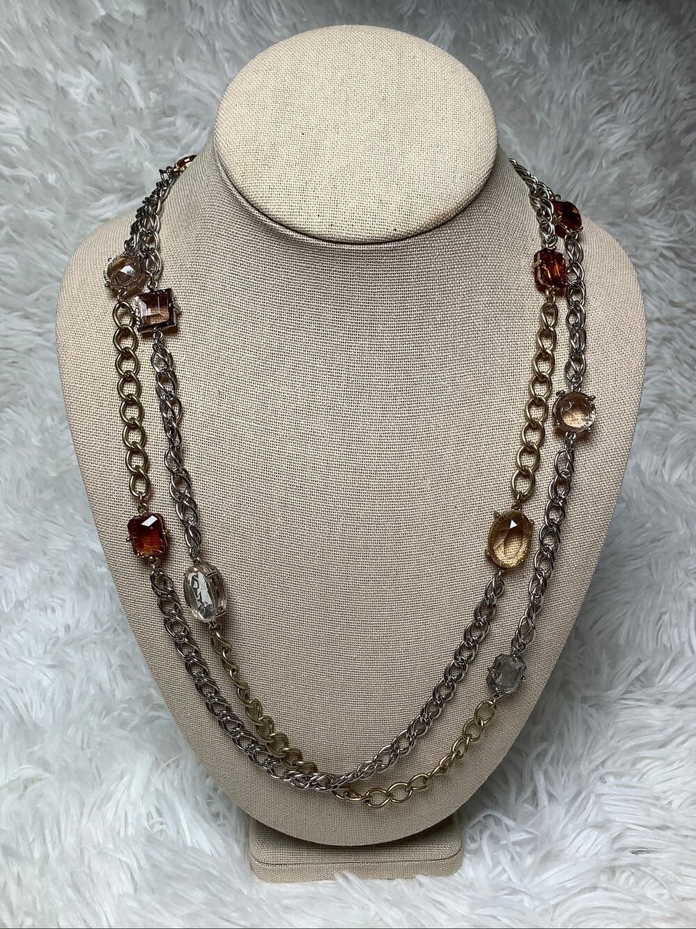 LOFT Double Strand Amber Crystal Long Chain Station Necklace Vintage Boho F11-22